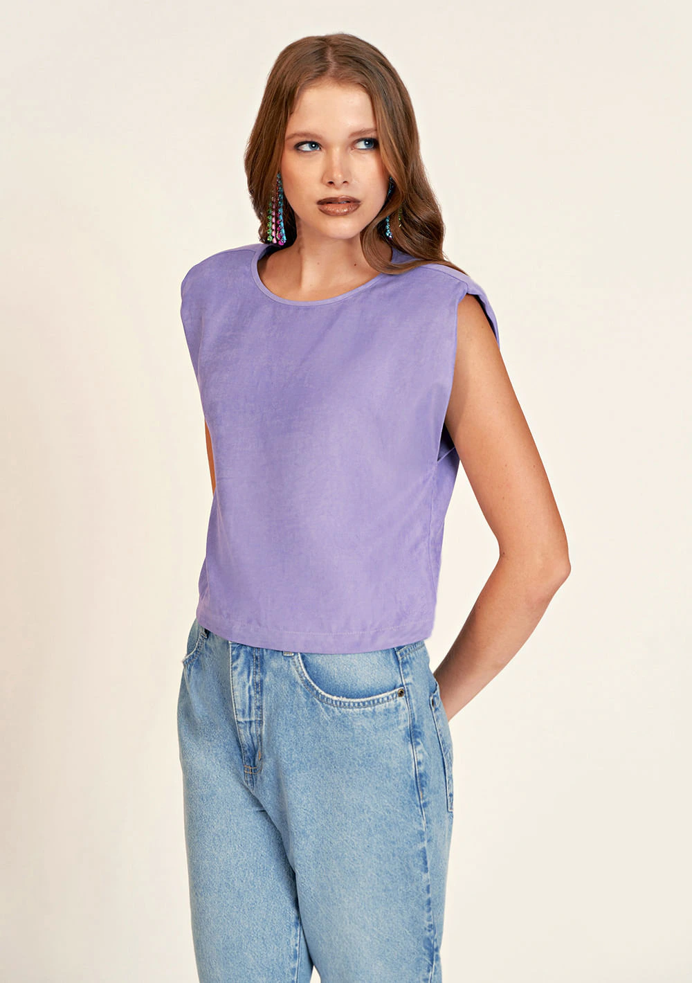 Blusa Zinco Decote Redondo Sem Manga Abertura Costas Lilas