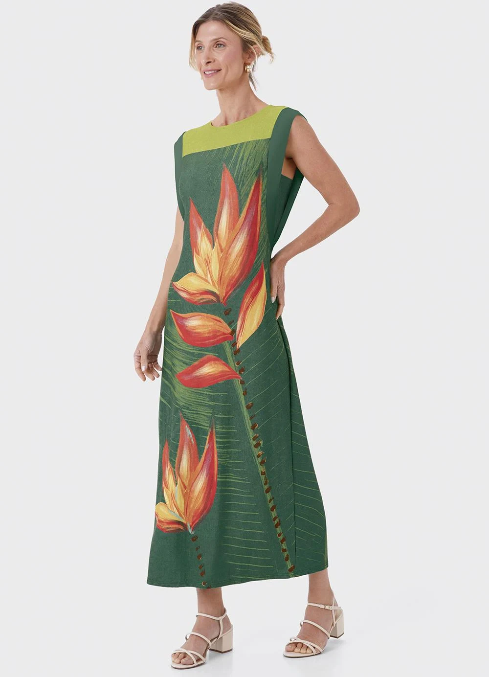 Malwee - Vestido Mídi Tropical Verde Escuro