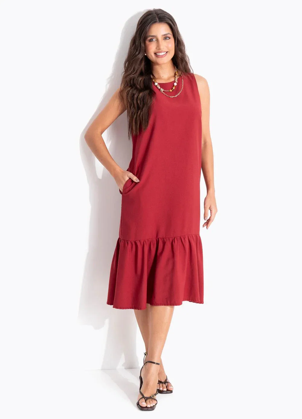 Quintess - Vestido Bordô em Tecido de Alfaiataria de Viscose com Poliéster