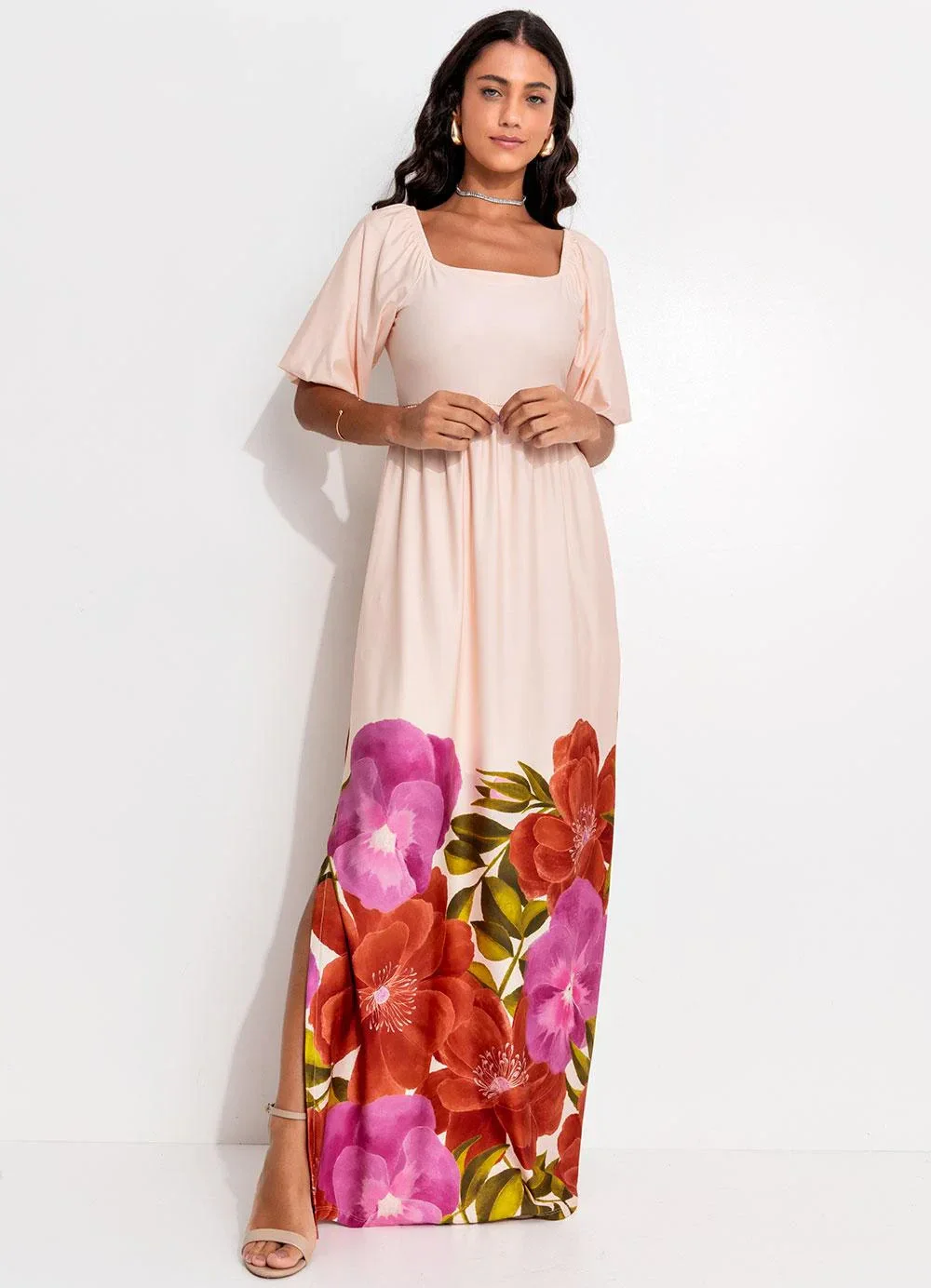 Quintess - Vestido Floral Barrado em Malha Fria