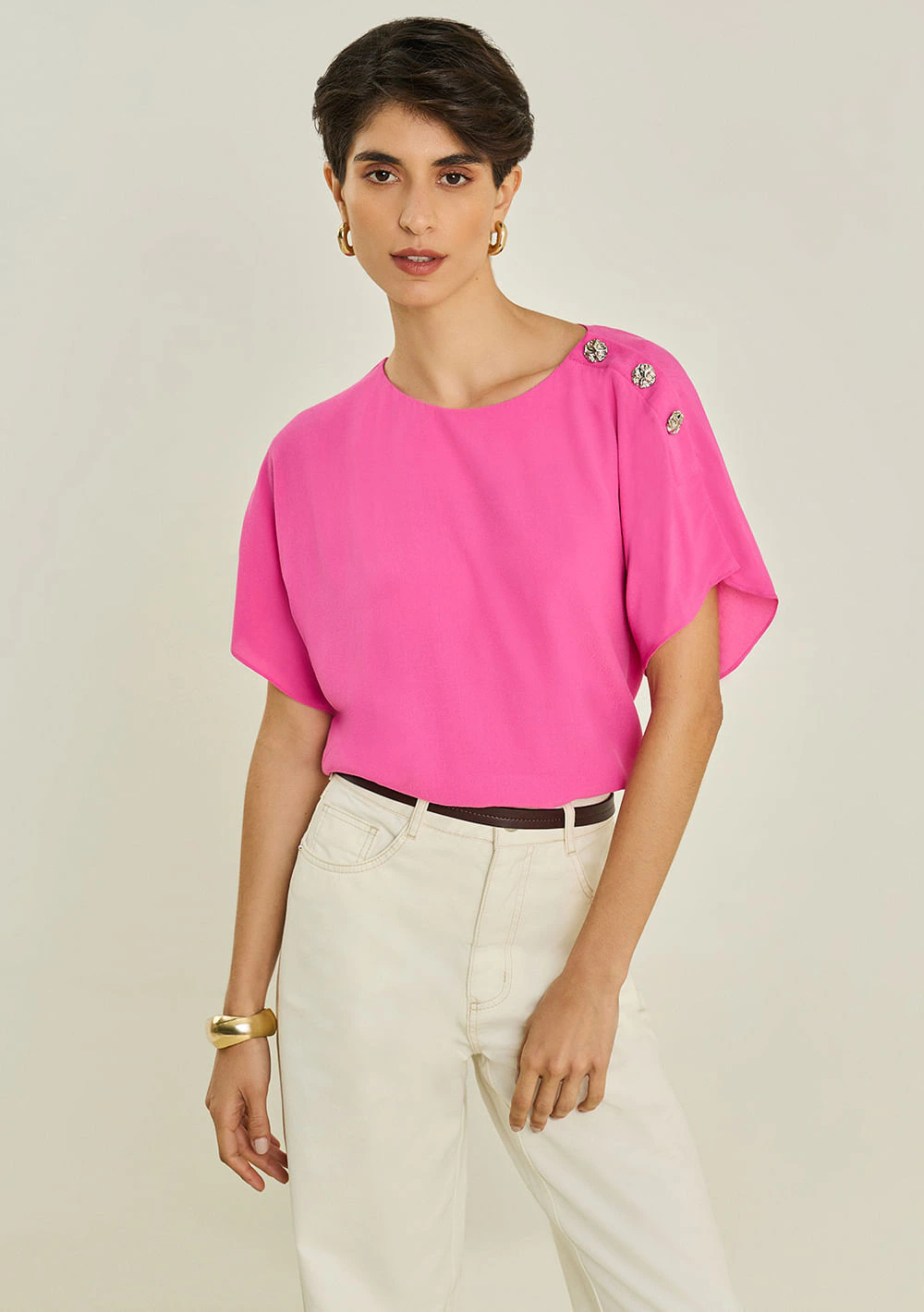 Blusa Maria.Valentina Solta Decote Canoa Manga Curta Padrão Rosa