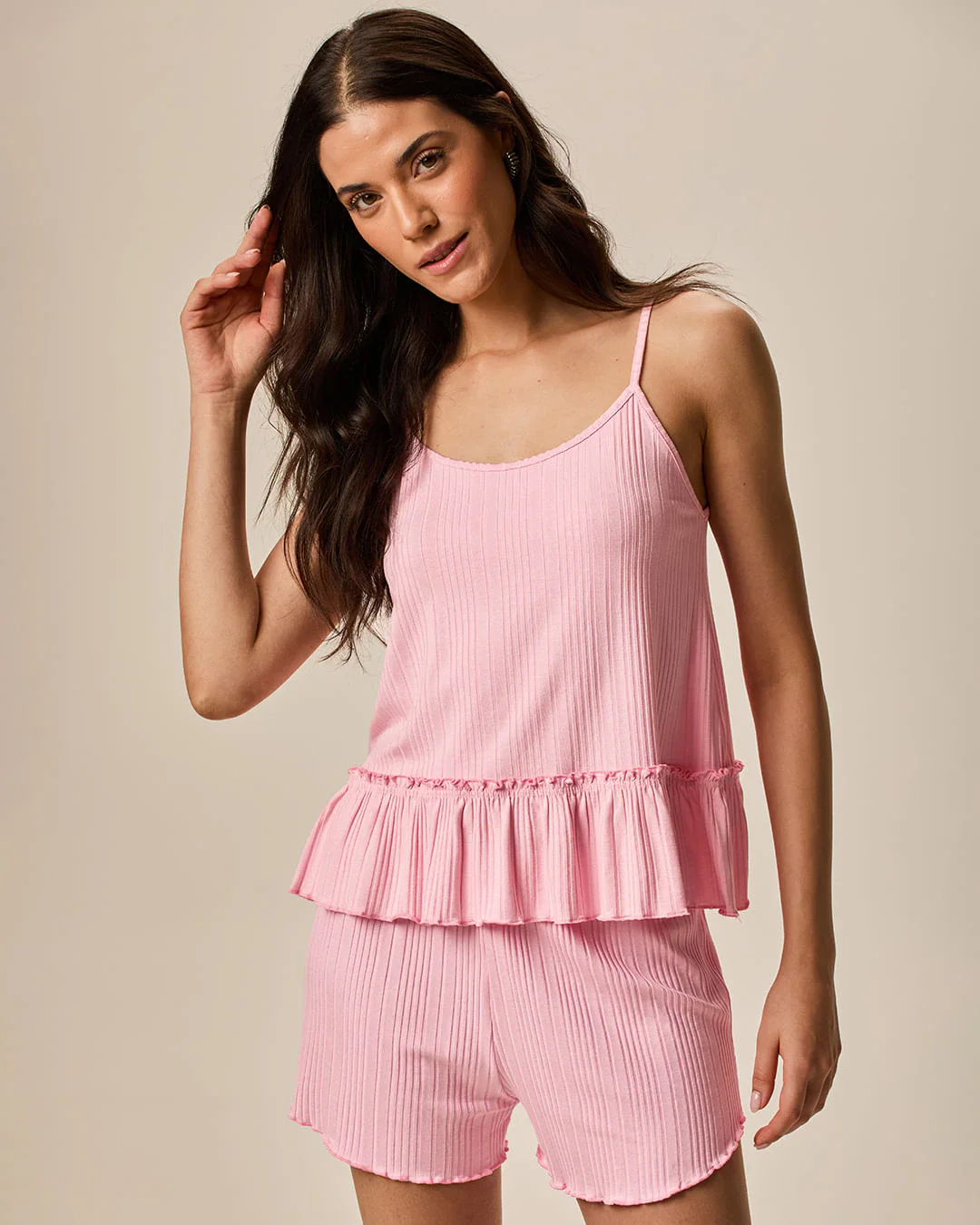 Pijama Curto Feminino Regata Evasê E Shorts Runner Em Malha Viscose Canelada